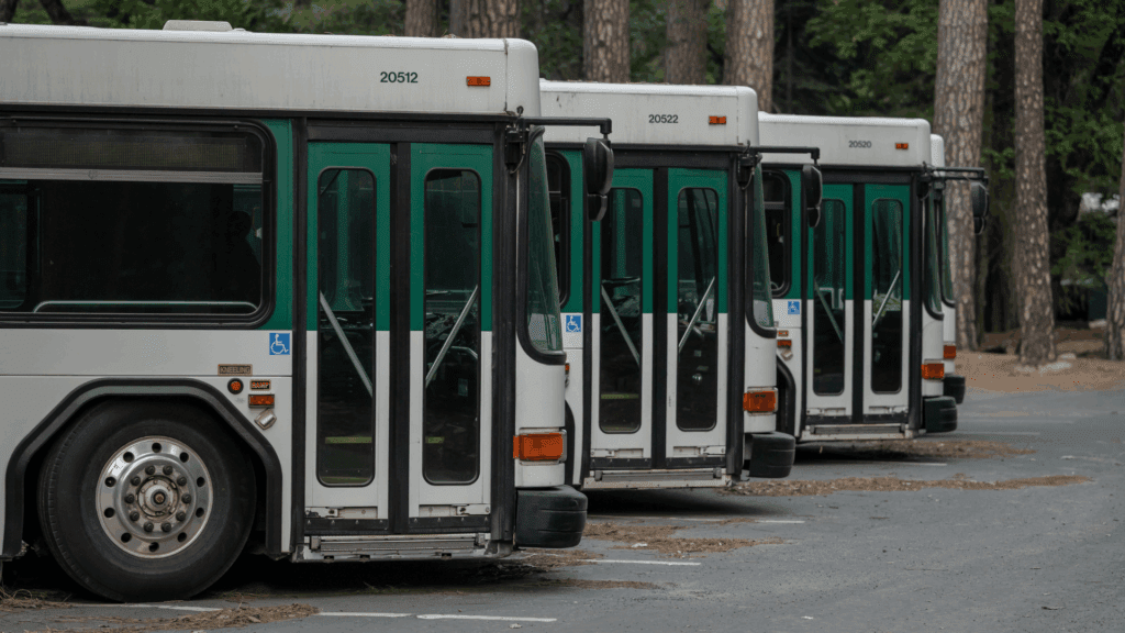 Four city buses parked in a row near trees, illustrating campus and community transit options students can use to get to class