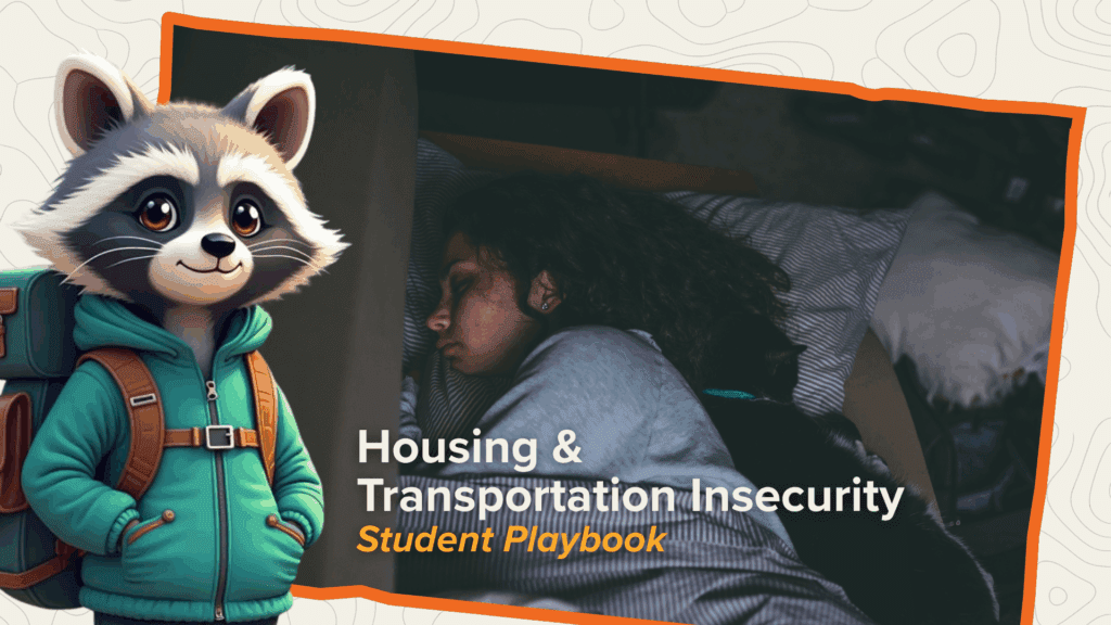 iLevelUP header: mascot alongside a student sleeping on a couch, titled “Housing & Transportation Insecurity—Student Playbook.