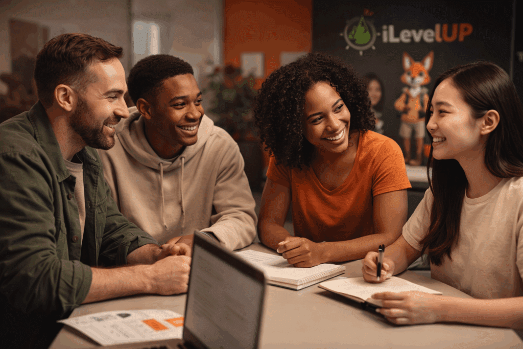 Diverse volunteers collaborating at a table for an iLevelUP community engagement and youth education program