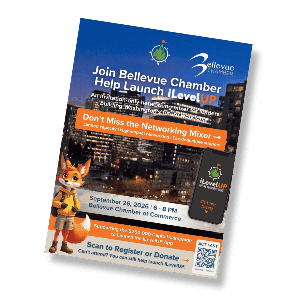 Promotional flyer for Bellevue Chamber networking mixer supporting iLevelUP app launch, featuring Bellevue skyline, event details, QR code, and cartoon fox mascot.