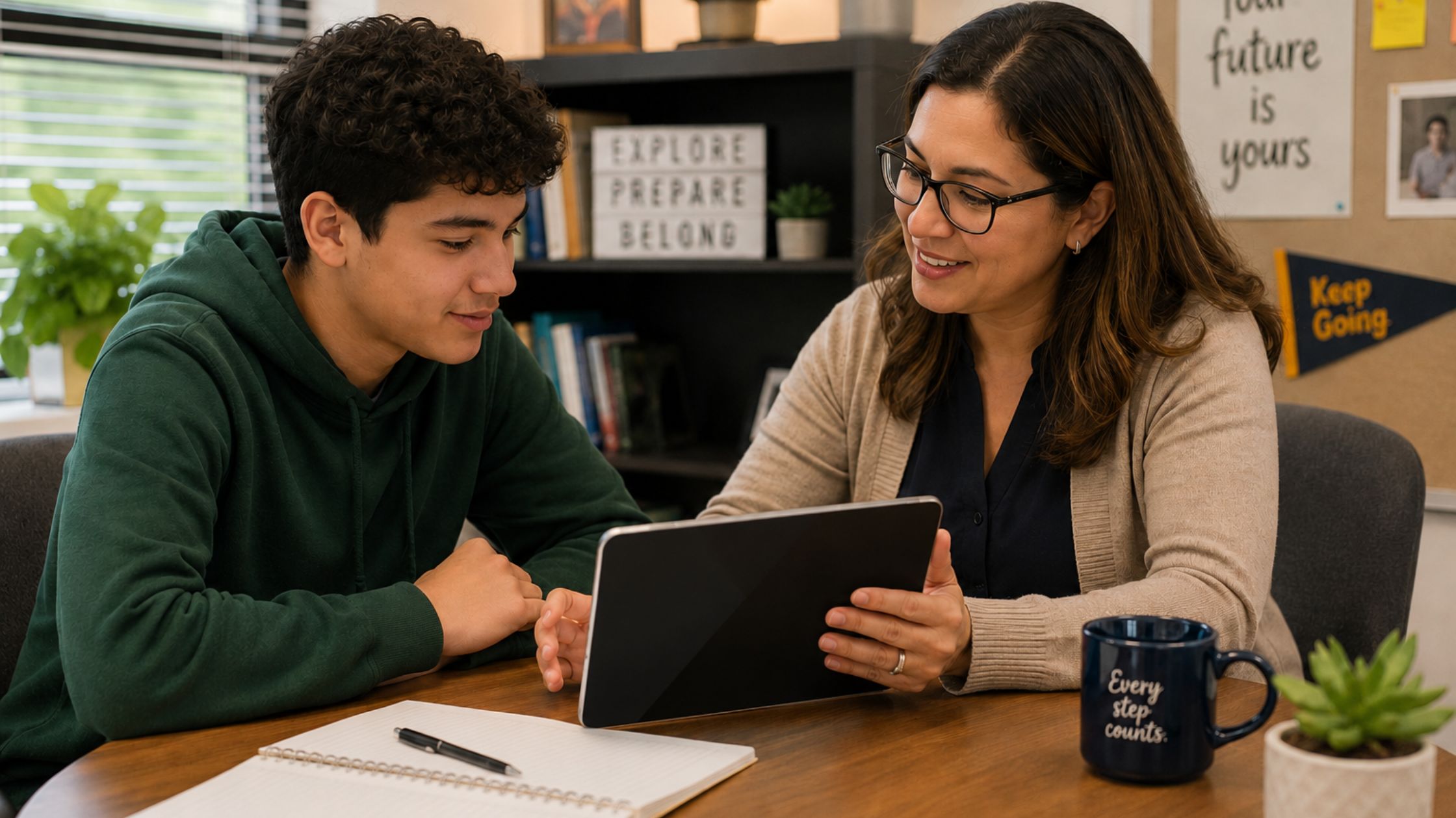 A counselor and student discuss career ideas on a tablet in a calm office.
