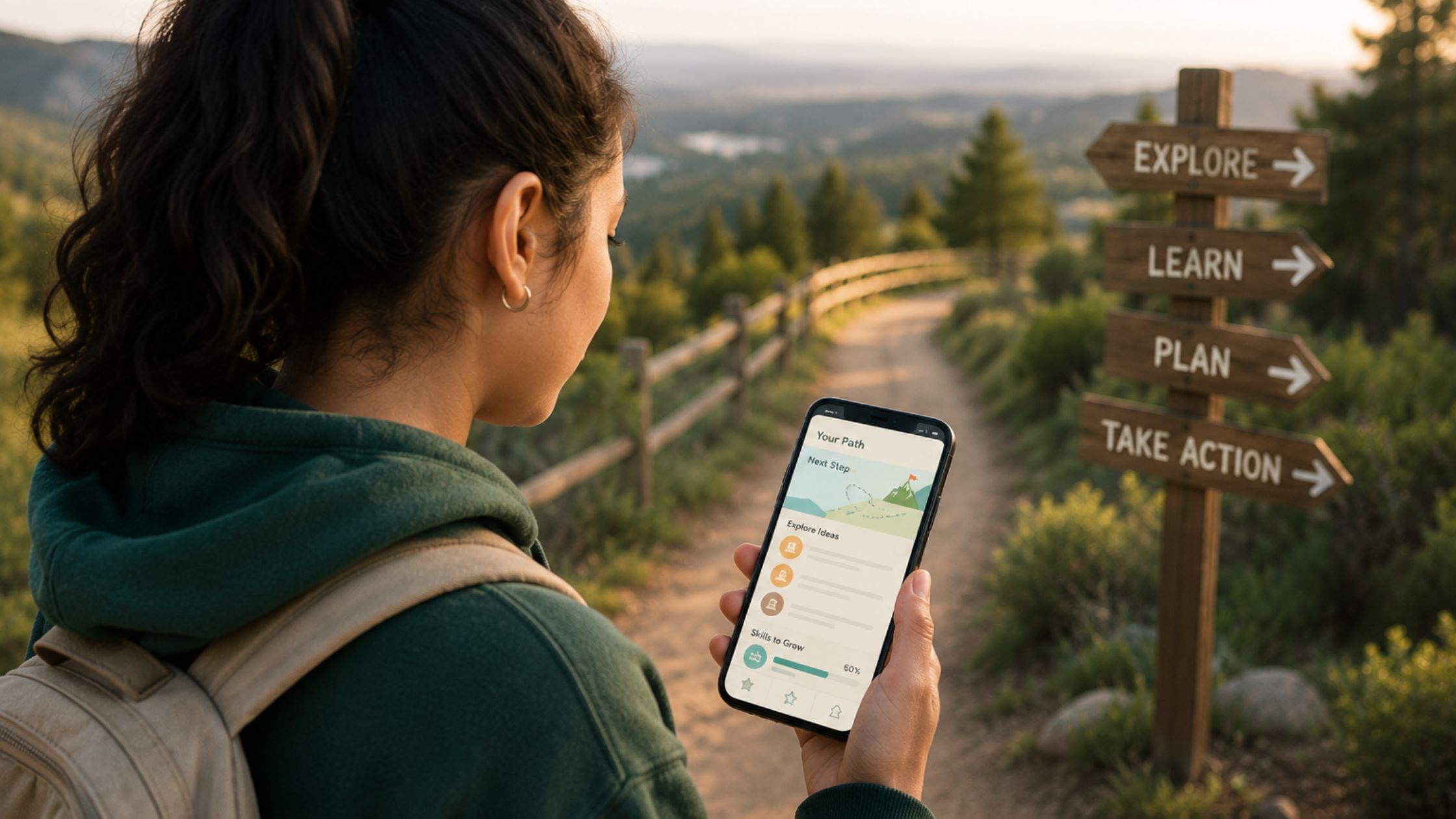 A student uses a future-readiness app on a phone near an outdoor trail.