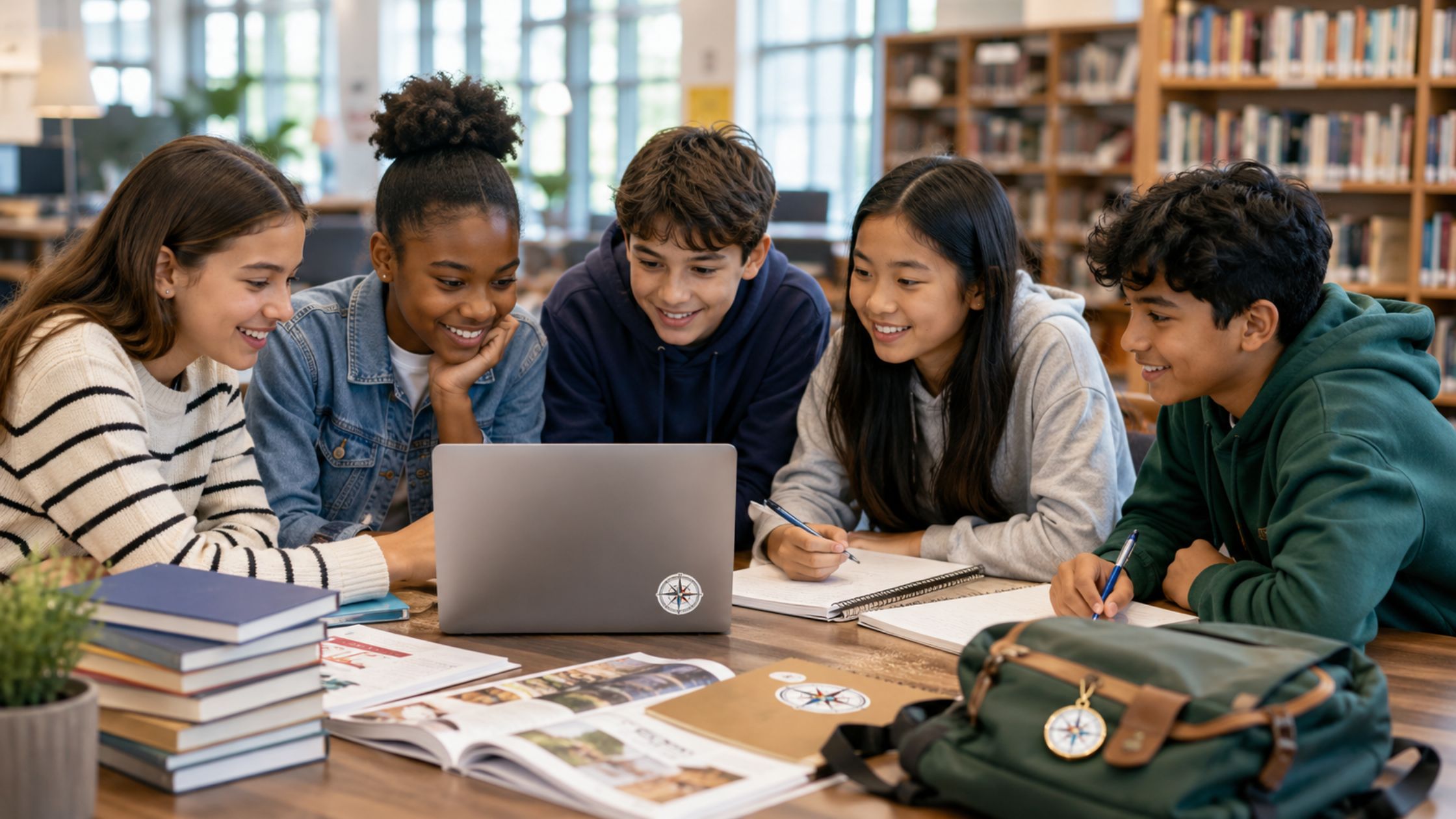 Middle school students review career ideas together at a library table.