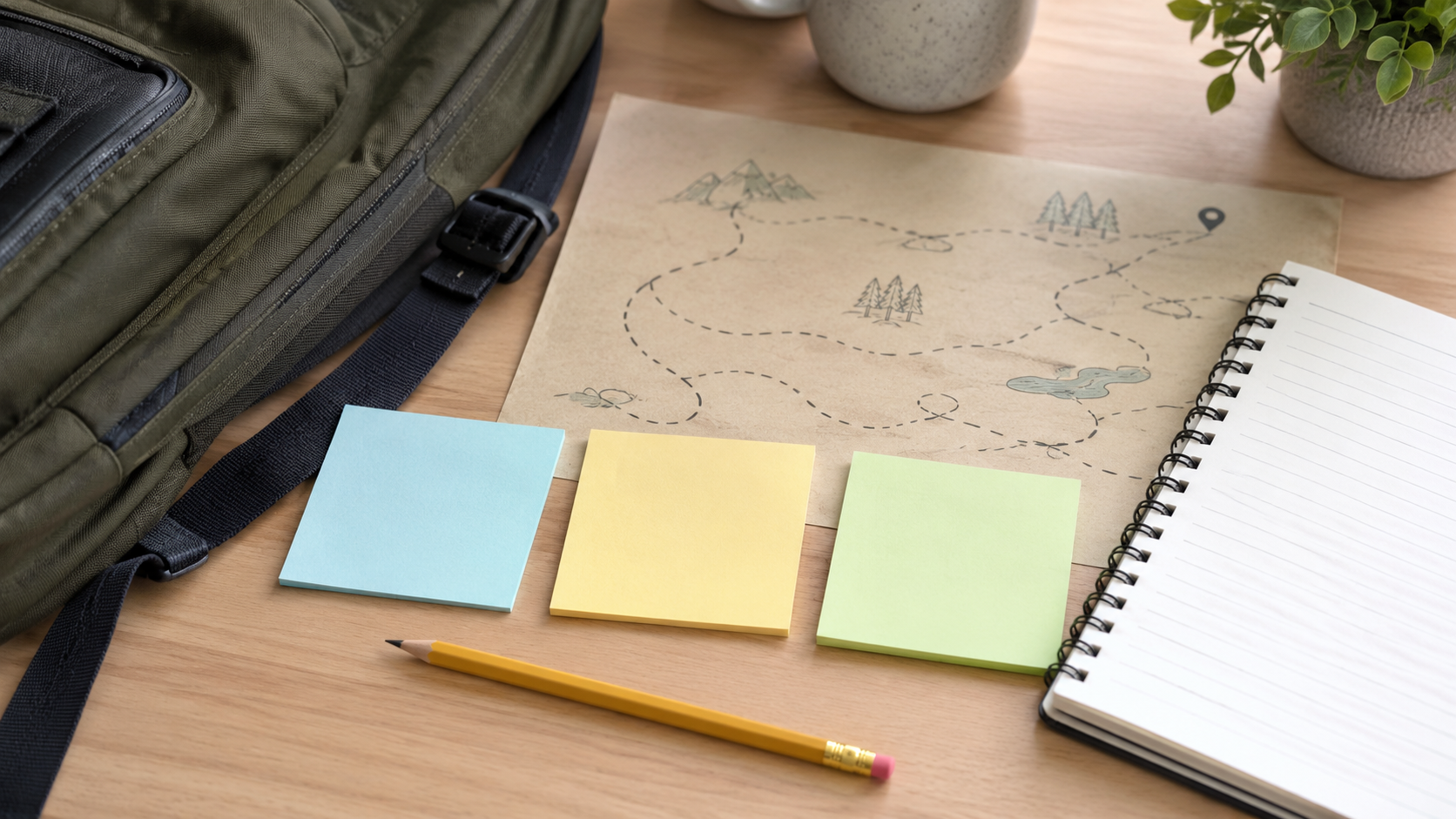Three blank sticky notes and a notebook sit beside a backpack on a desk.