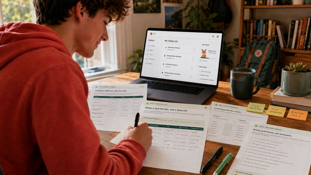Student starts a college list at home using a laptop and notebook.
