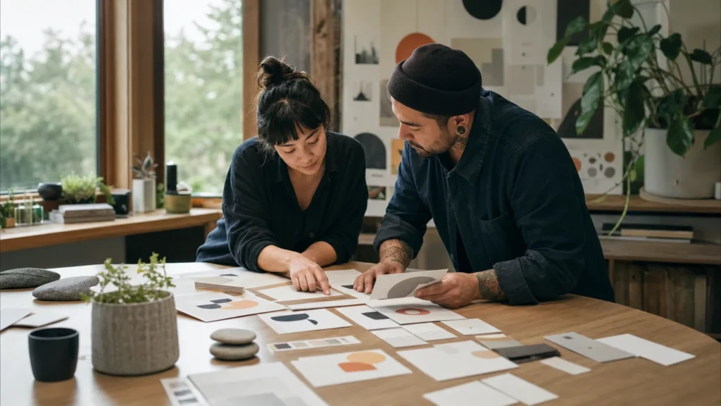 Graphic design volunteer reviewing iLevelUP visual system cards and icons in a studio workspace.