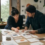 Graphic design volunteer reviewing iLevelUP visual system cards and icons in a studio workspace.