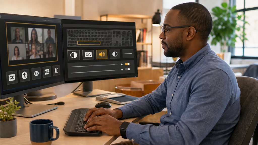 An adult volunteer reviewing an accessible digital learning interface with a keyboard, contrast checks, captions, and clear focus indicators visible on screen.