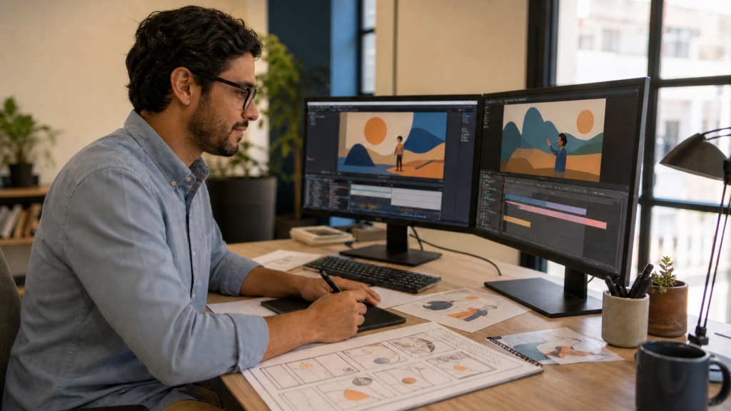An adult volunteer developing an educational animation at a workstation with a storyboard and age-appropriate motion-design timeline.