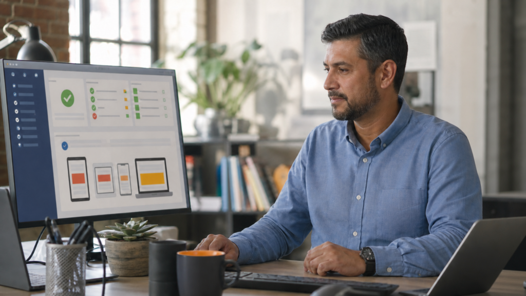 An adult volunteer reviewing a software test dashboard and confirming reliable, accessible learning-platform behavior.