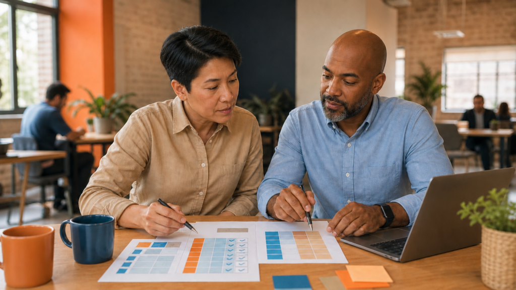 Two adult volunteers planning a quality-assurance workflow together, using a test matrix and release checklist without visible private data.
