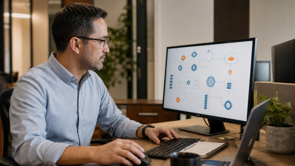 An adult volunteer designing a secure service architecture at a workstation, with an abstract API diagram and no credentials or production data visible.
