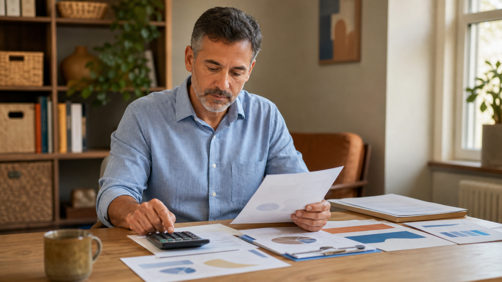 An adult volunteer reconciling an abstract nonprofit budget at a tidy workstation, using unlabeled charts, calculator, and organized financial worksheets with no readable amounts or private data.