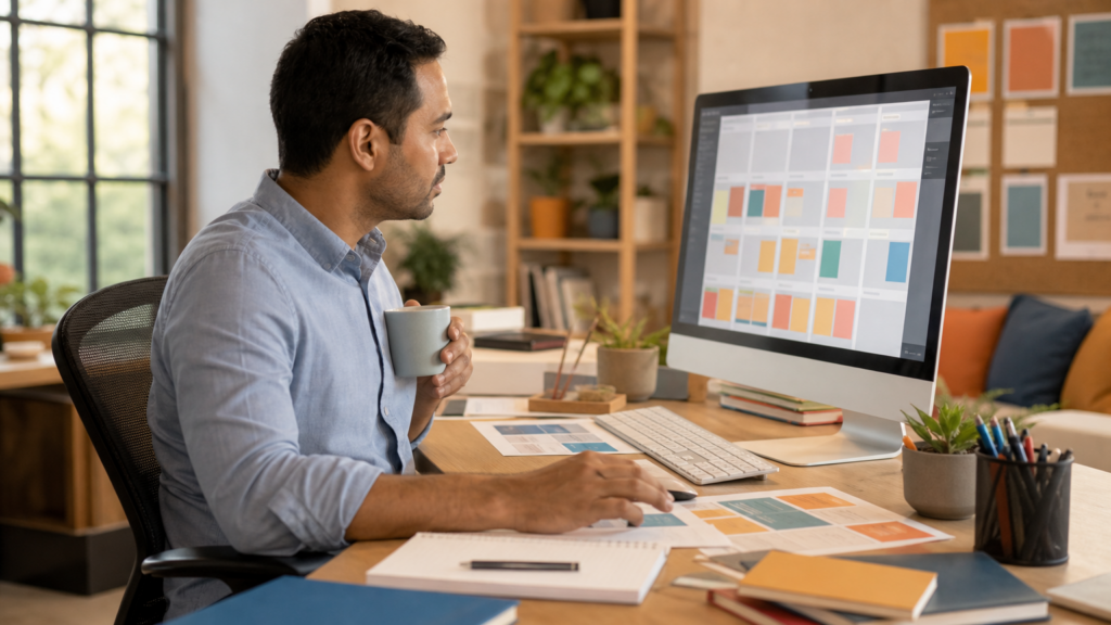 An adult volunteer organizing a digital editorial calendar and approved content assets at a workstation, with abstract color-coded cards and no readable copy or private data.