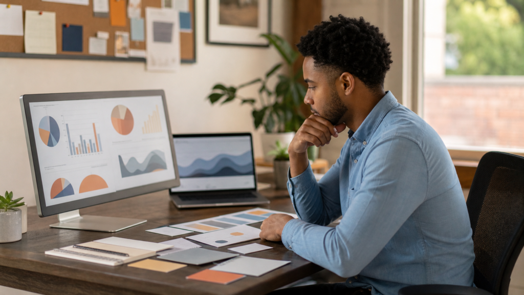 An adult volunteer reviewing an abstract campaign-performance dashboard and planning responsible content distribution, with unlabeled charts and no social posting or private audience data visible.