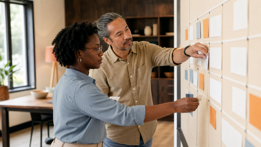 Two adult volunteers mapping an educational audience journey and content priorities with unlabeled cards and a simple planning board, without student profiles or private data.