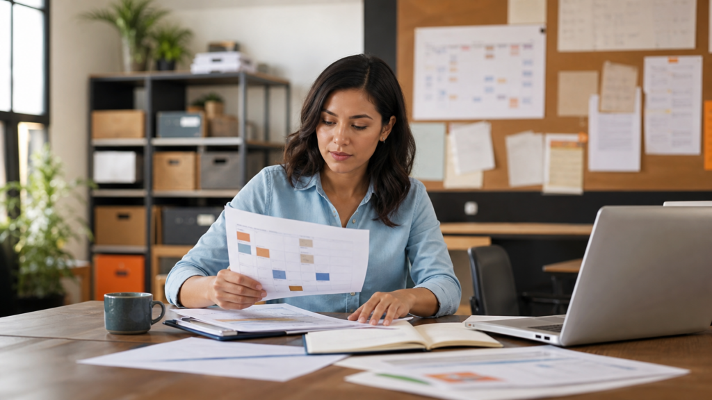 An adult volunteer coordinating a project timeline and meeting plan in a welcoming nonprofit workspace, using an abstract schedule and checklist with no readable names or private information.