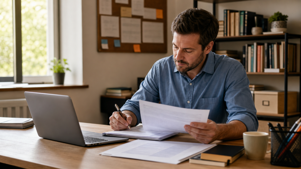 An adult volunteer drafting and editing educational copy at a tidy workstation with abstract, unreadable document blocks.