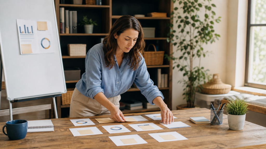 An adult volunteer planning an ethical nonprofit fundraising campaign using unlabeled goal cards and abstract progress graphics without donor data.