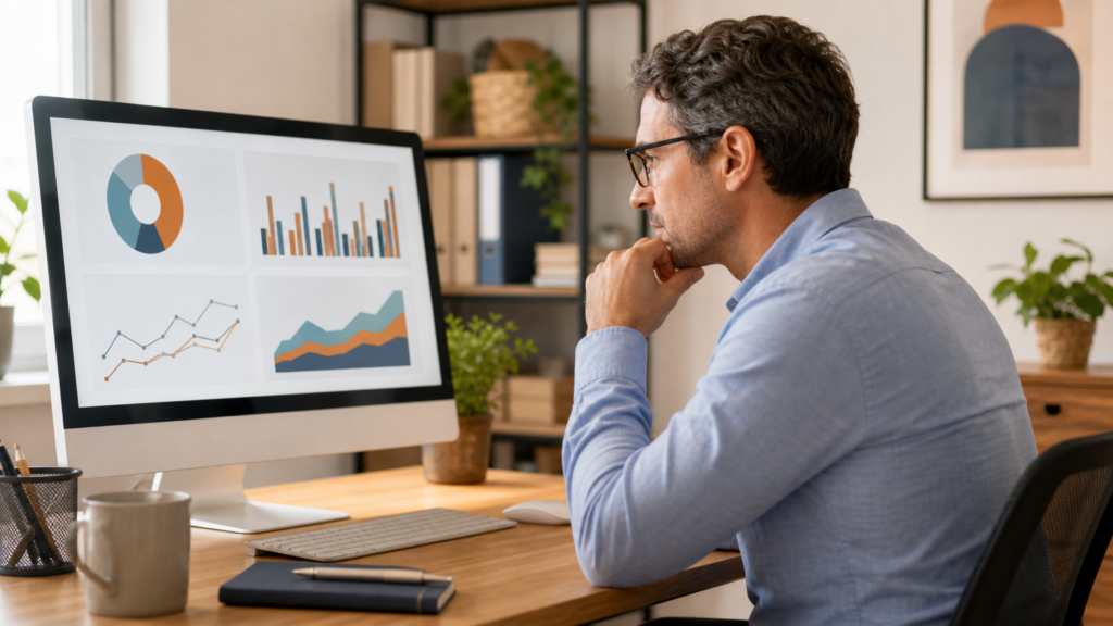 An adult volunteer examining an abstract learning-impact dashboard with unlabeled charts and no student or production data.