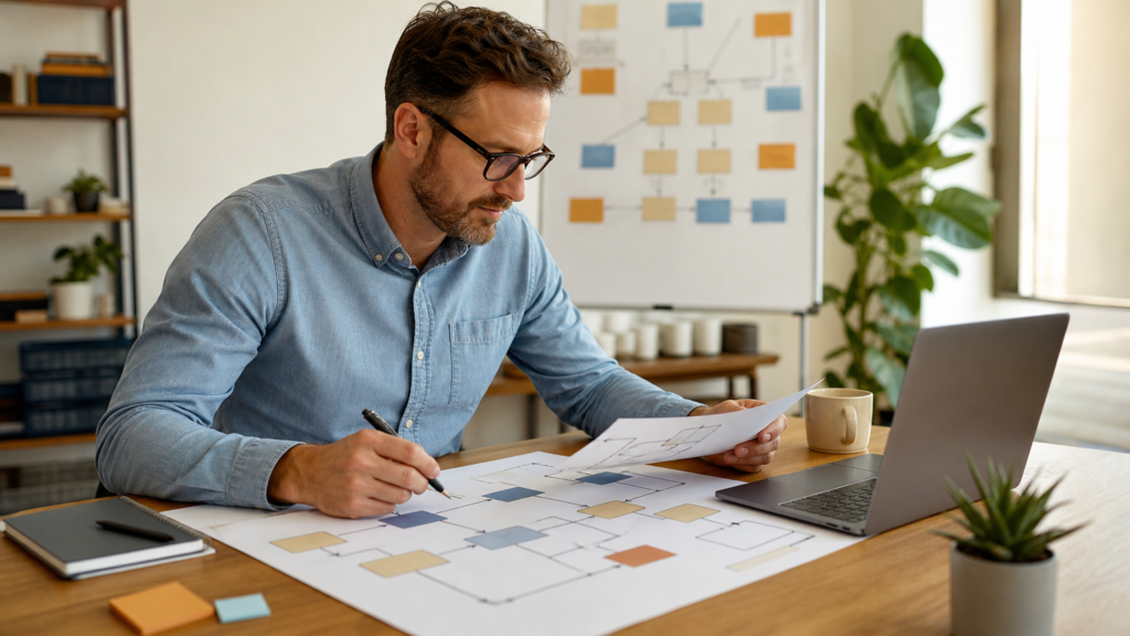 An adult volunteer designing a secure abstract data architecture using unlabeled system blocks and connection lines without code or credentials.