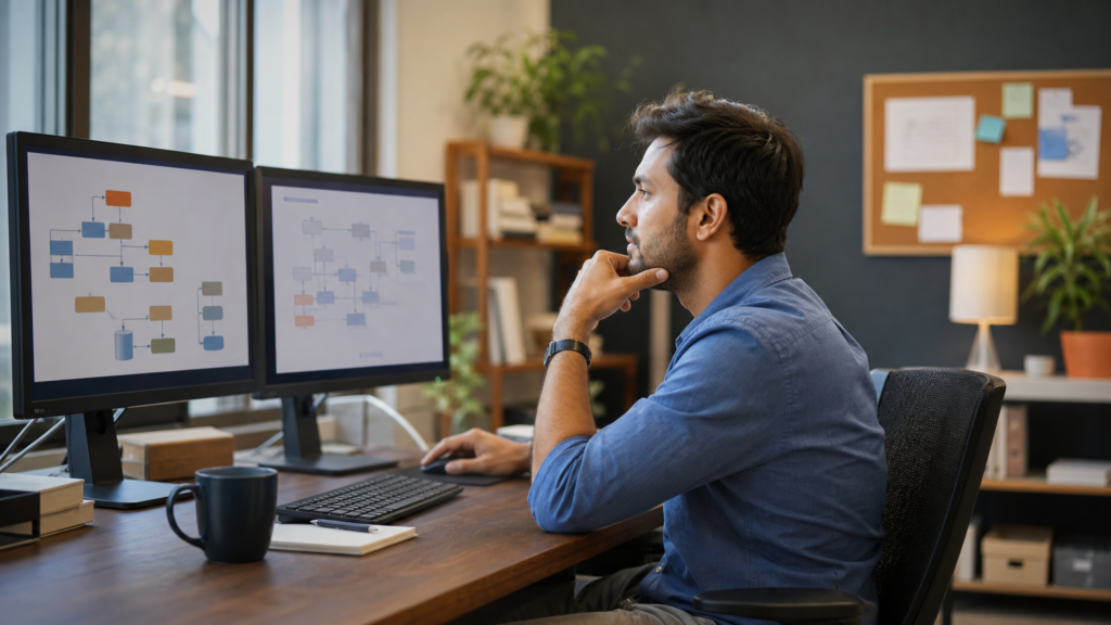 An adult volunteer reviewing an abstract data pipeline at a workstation with safe unlabeled flow indicators and no production data.