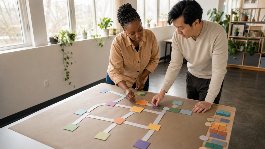An adult volunteer mapping secure connections between abstract systems using unlabeled blocks and flow lines without credentials or production data.