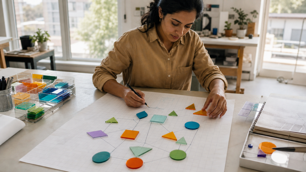 An adult volunteer examining an abstract analytical model and unlabeled learning-impact charts without student or production data.