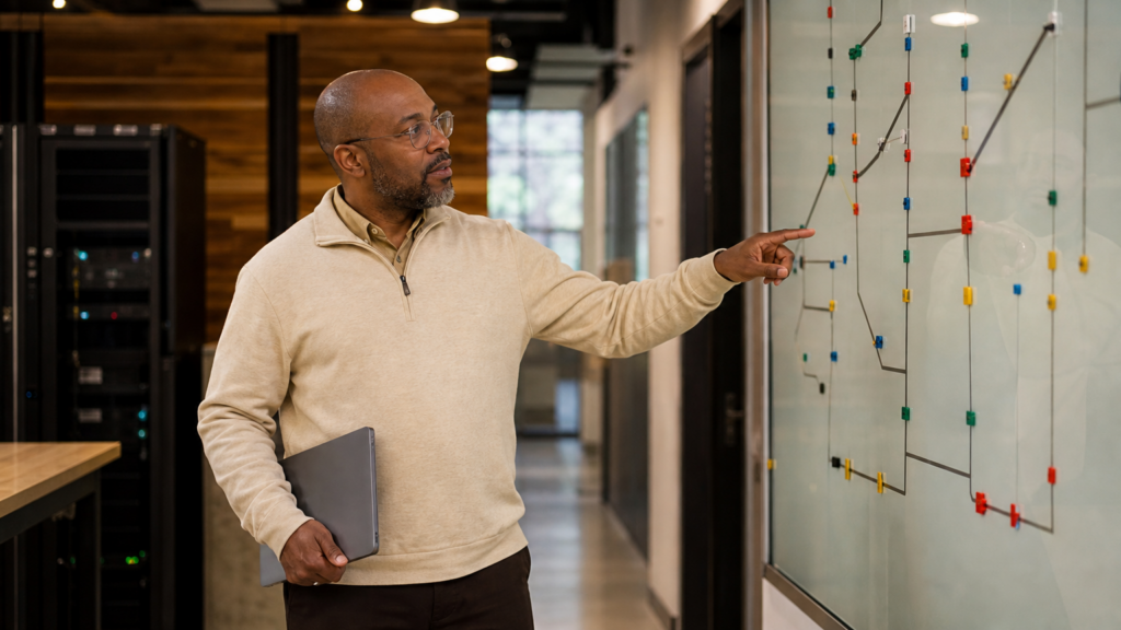 An adult volunteer reviewing a secure abstract database health dashboard without code, credentials, or production data.