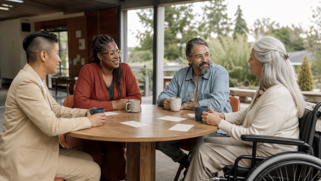 A culturally diverse group of three adult volunteers discussing inclusive practices around an abstract planning board, represented respectfully without tokenism.