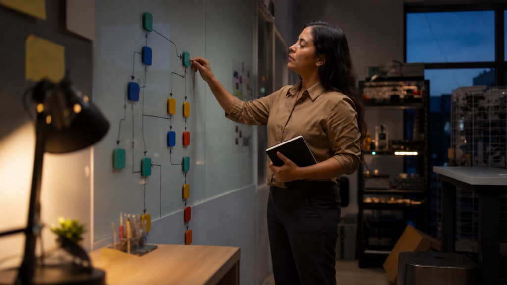 An adult volunteer reviewing an abstract deployment pipeline and service-health indicators without code, credentials, or production data.