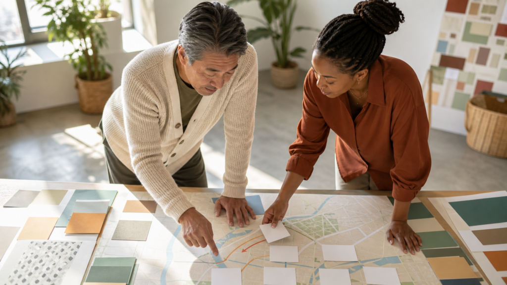 An adult volunteer planning a responsible digital outreach campaign with unlabeled audience and performance cards, without active posting or private audience data.