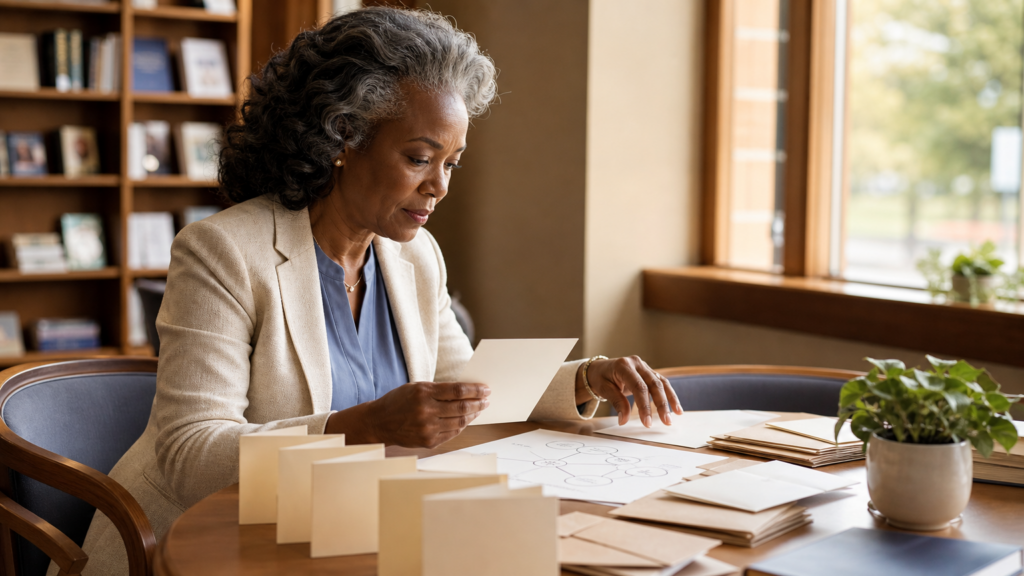 An adult volunteer preparing a thoughtful donor-stewardship plan using unlabeled cards, without donor identities, amounts, or solicitation.