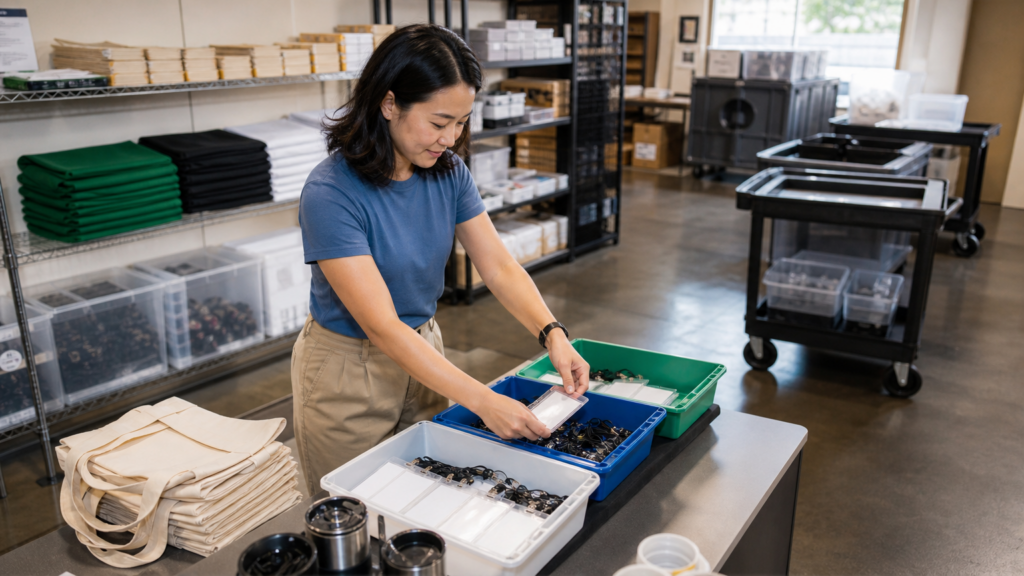 An adult volunteer preparing organized event supplies and an abstract setup checklist in a welcoming workspace.
