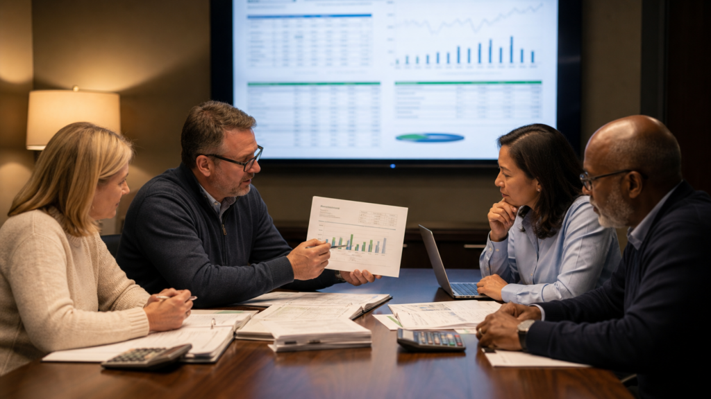 Three adult volunteers discussing an abstract nonprofit financial summary without readable amounts or confidential records.