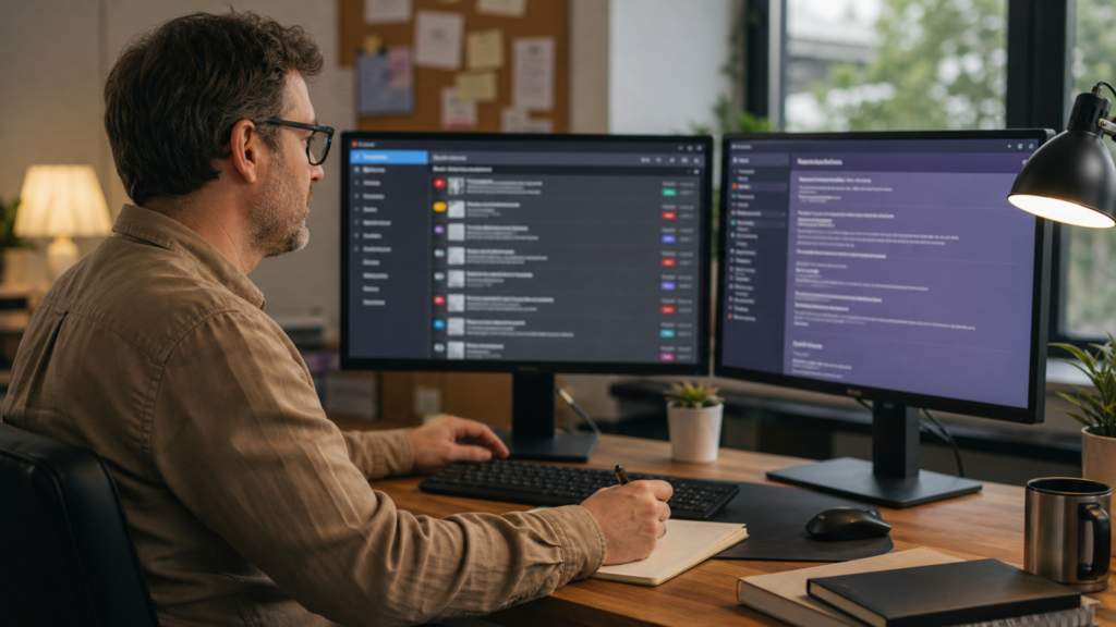 An adult volunteer reviewing an abstract community discussion interface with safety indicators and no readable posts or user identities.