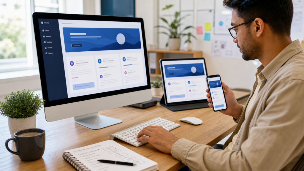 An adult volunteer testing an accessible responsive learning interface using abstract components without code or private data.