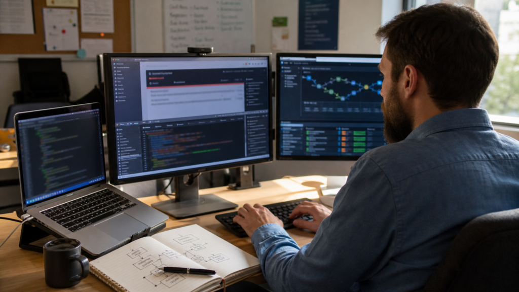 An adult volunteer reviewing an abstract end-to-end application architecture with interface, service, and data layers but no code or credentials.
