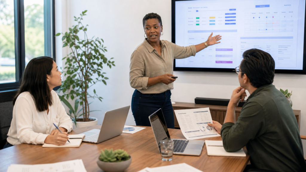 Two adult volunteers leading a responsible fundraising strategy discussion using abstract goals without donor identities or amounts.