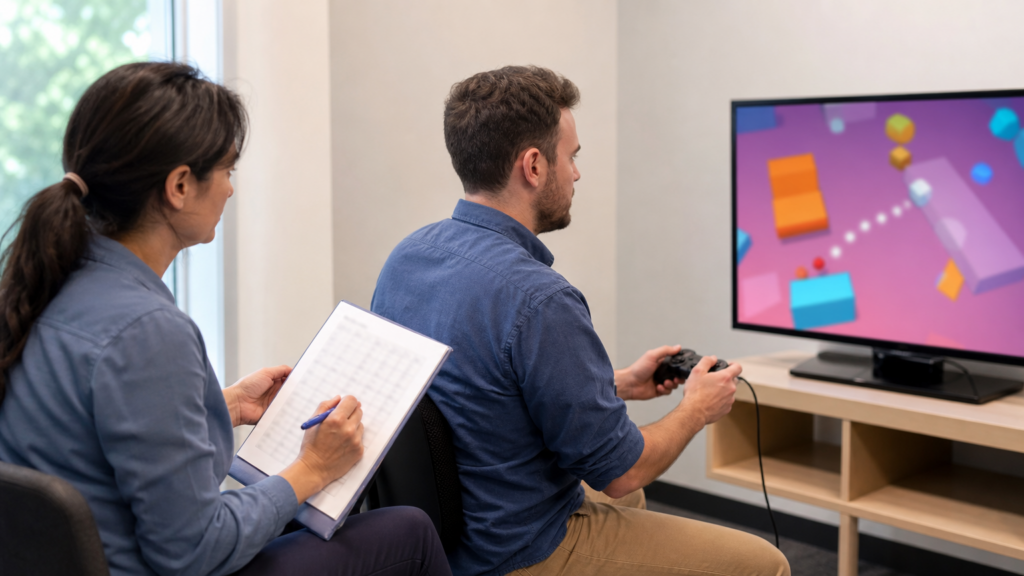 An adult volunteer observing an abstract educational game usability session without participant identities, recordings, or readable content.