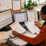 An adult volunteer drafting a grant narrative using abstract unreadable document blocks and an unlabeled outcomes diagram.