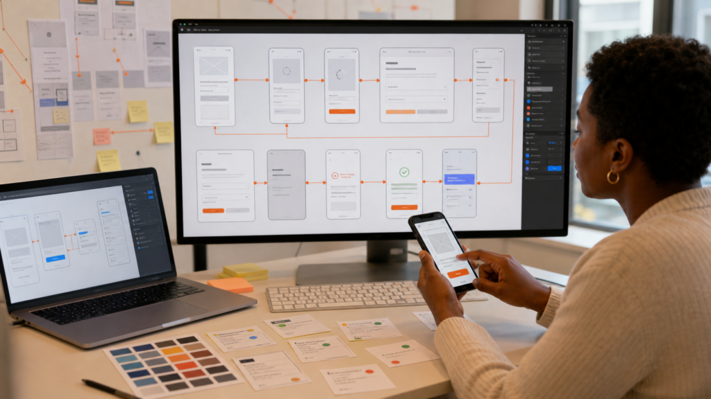 An adult volunteer arranging accessible interface-flow cards and interaction states without readable text or student information.