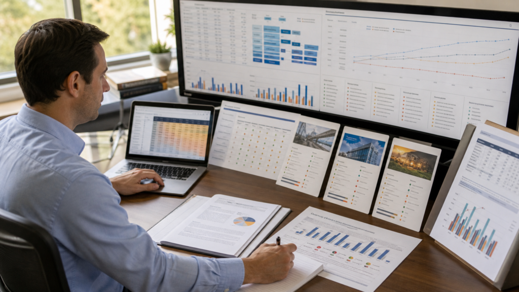 An adult volunteer evaluating abstract long-term nonprofit reserve scenarios using unlabeled charts without account details or financial advice imagery.