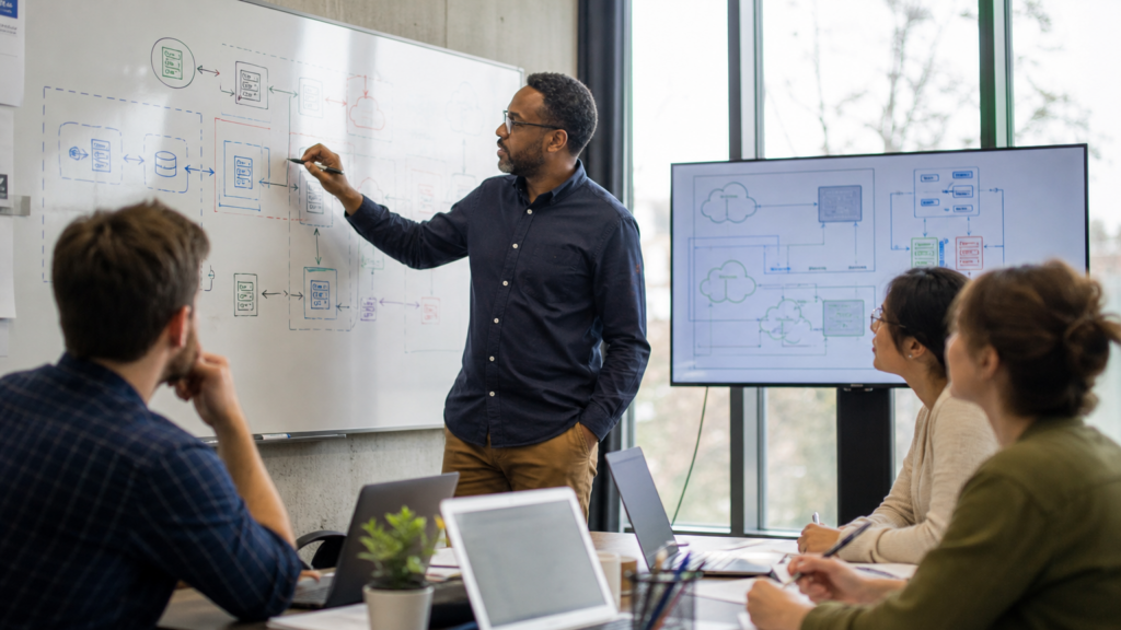 An adult volunteer designing an abstract resilient infrastructure map without vendor logos, credentials, code, or production data.