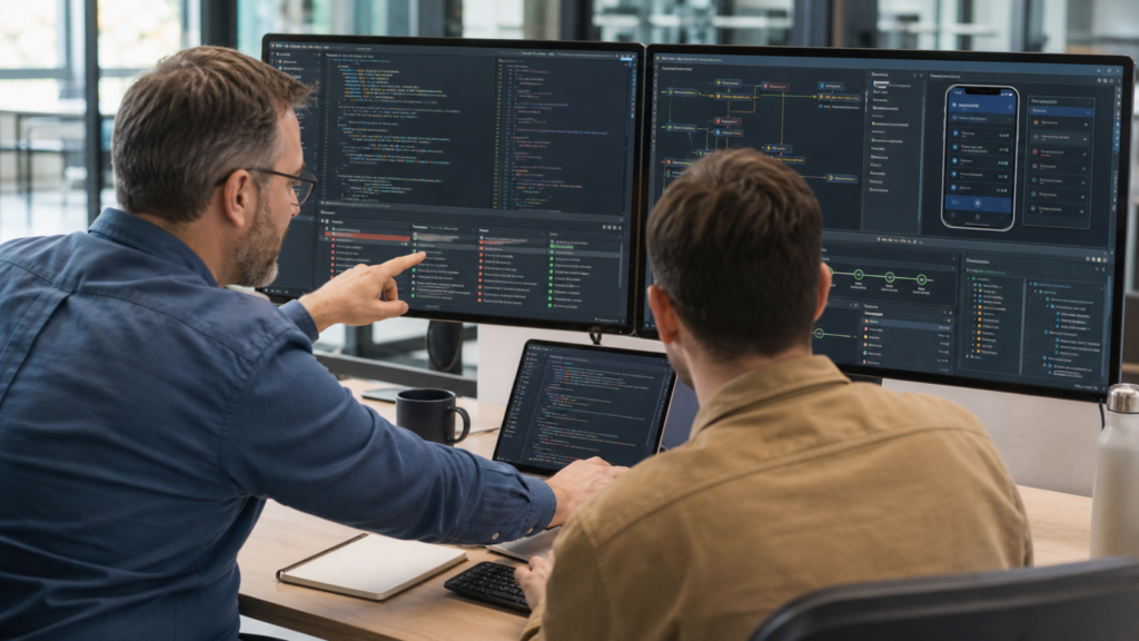 Two adult volunteers reviewing an abstract application architecture and release plan without code, credentials, or production data.
