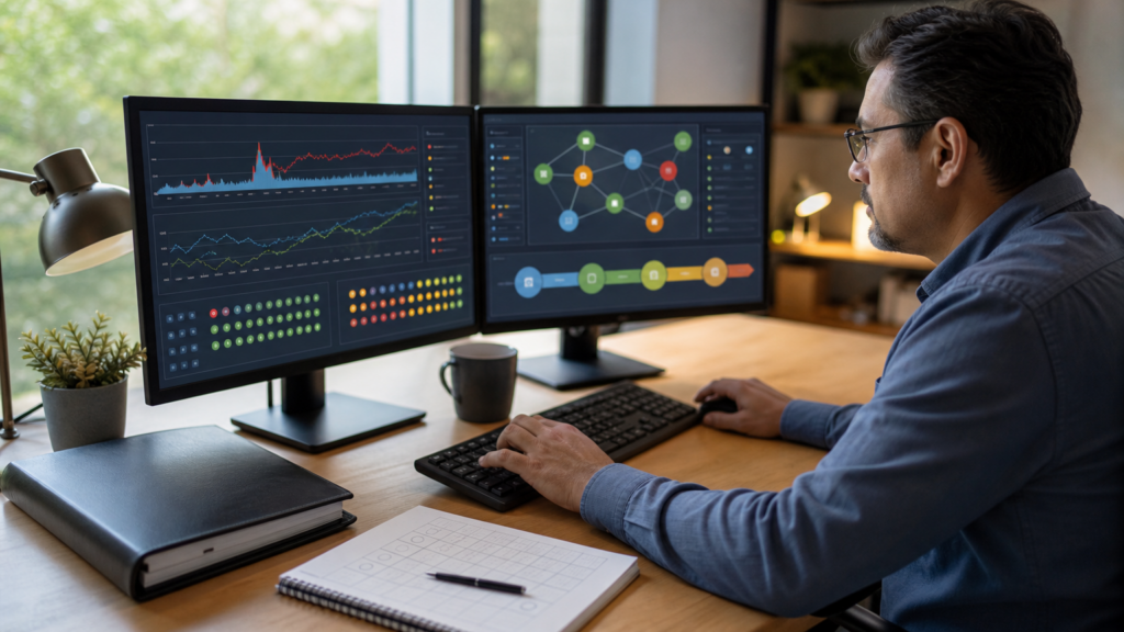 An adult volunteer reviewing an abstract software-maintenance dashboard and prioritized repair cards without code or production data.