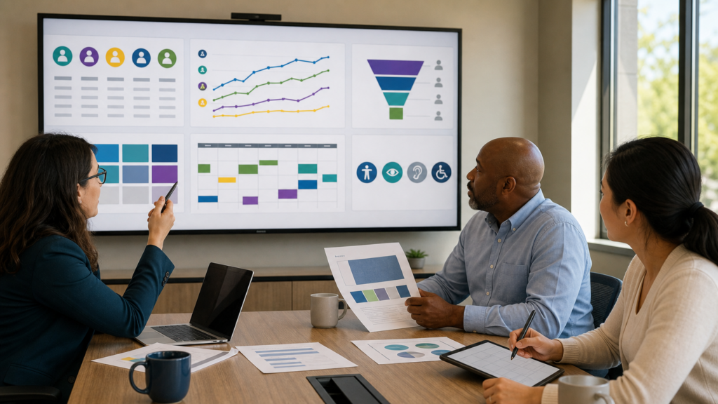 Three adult volunteers reviewing an abstract community-marketing plan without private audience data, active posting, or tokenistic representation.