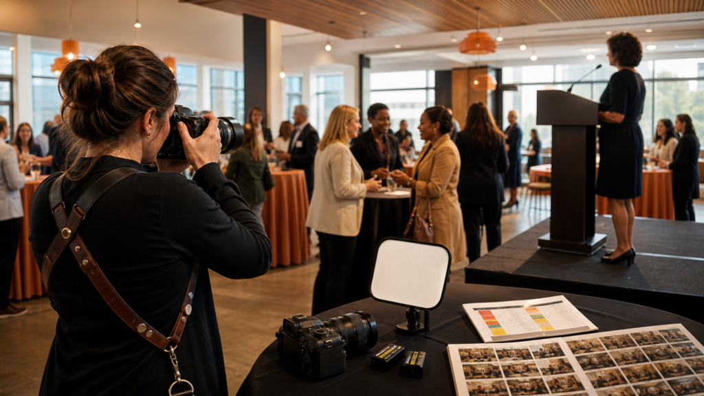 An adult volunteer photographing a tasteful nonprofit workspace scene with consent-aware, non-identifiable adult subjects and no children.