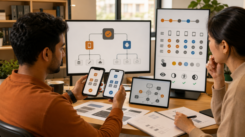 An adult volunteer testing an accessible mobile learning interface made of abstract components without code, credentials, or student data.