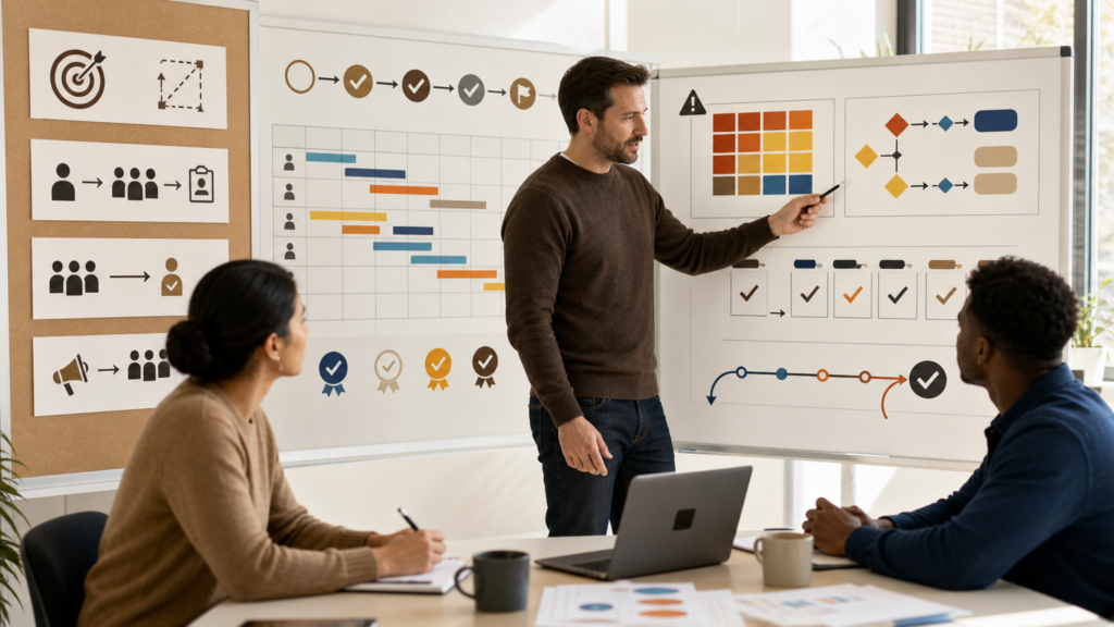 An adult volunteer coordinating an abstract project timeline, risks, and dependencies without readable names or private information.